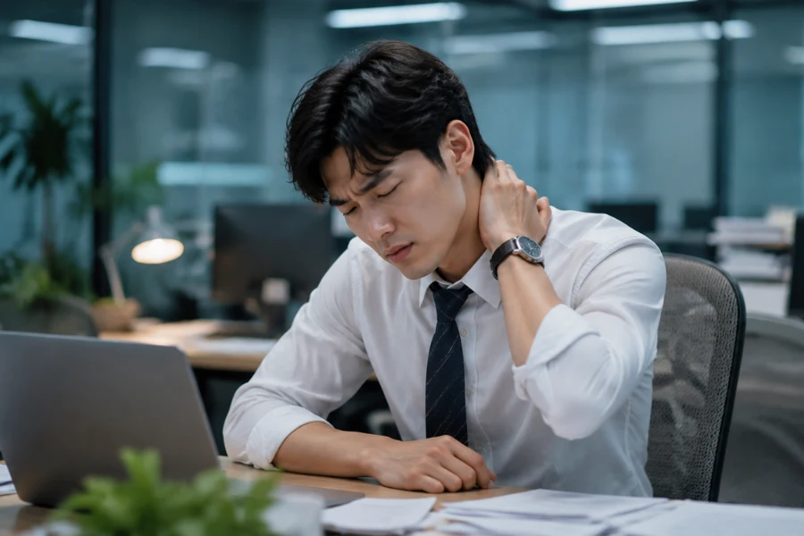 장시간 컴퓨터 업무 후 목과 어깨의 근육 긴장을 느끼는 직장인