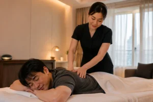 출장마사지 후 편안한 휴식을 경험하는 고객과 전문 관리사