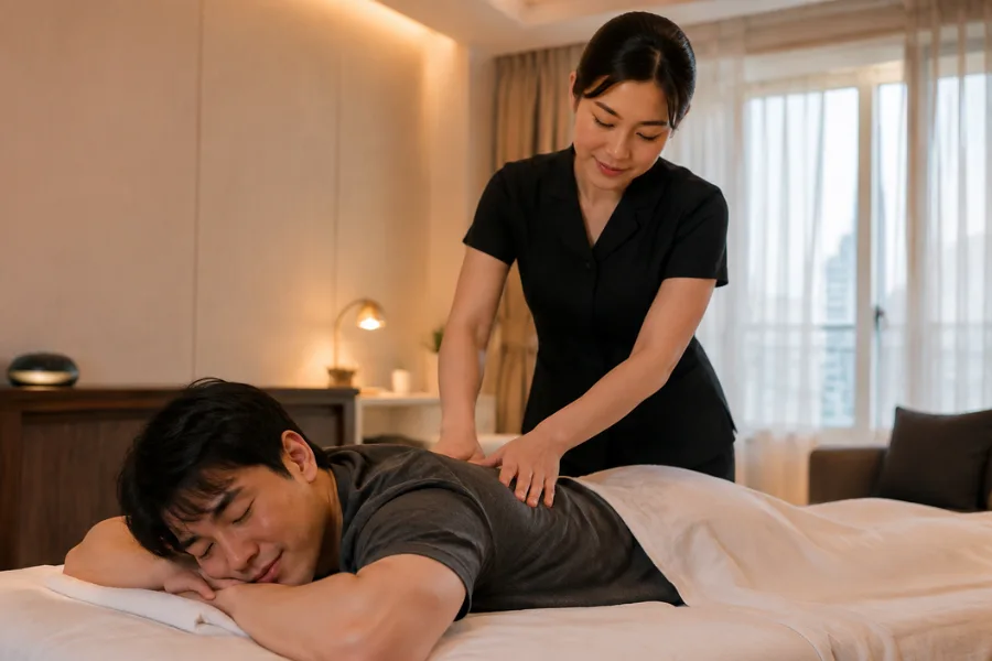 출장마사지 후 편안한 휴식을 경험하는 고객과 전문 관리사