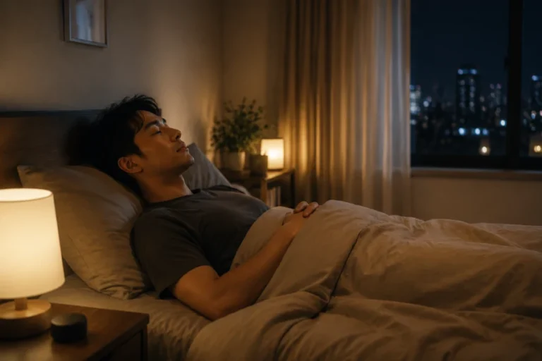 조용한 집 안에서 편안하게 휴식을 취하며 수면을 준비하는 모습
