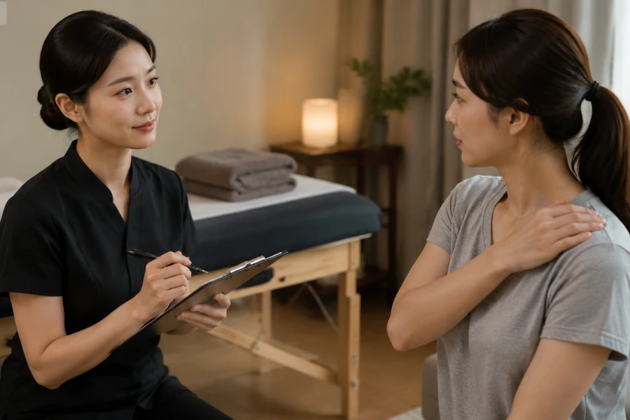 출장마사지 전 원하는 관리 부위와 압을 상담하는 고객과 전문 관리사