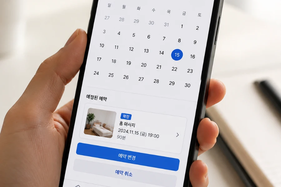 출장마사지 당일 취소 가능 시간을 확인하는 예약 일정 화면