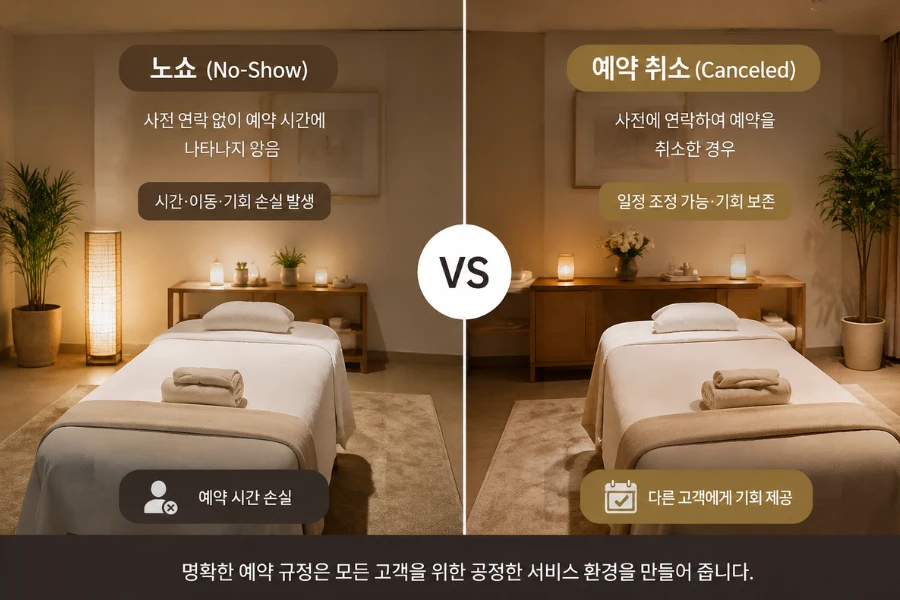노쇼와 예약 취소의 차이를 설명하는 서비스 운영 개념 이미지