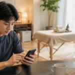출장마사지 후기를 확인하며 전문적인 방문 마사지 서비스를 비교하는 모습