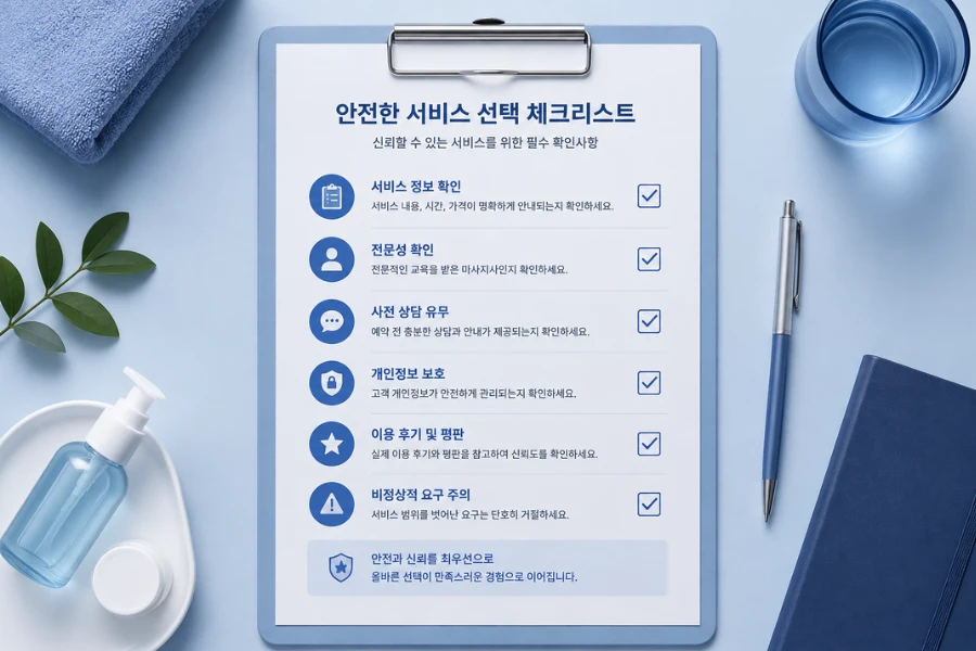 출장마사지 서비스 선택 시 안전 기준을 확인하는 체크리스트 개념 이미지