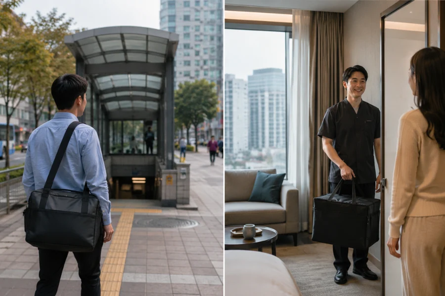 출장마사지와 샵 마사지 이용 시 이동 시간과 총비용 차이를 보여주는 장면